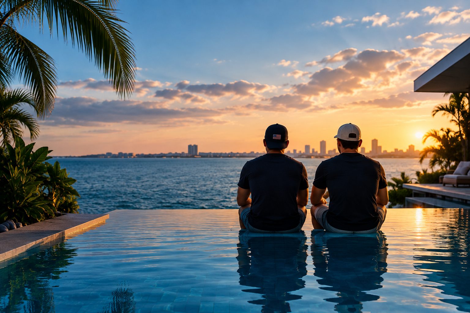 The two founders of Oceanus sitting side by side at the edge of an infinity pool, looking out over the Miami skyline at sunset